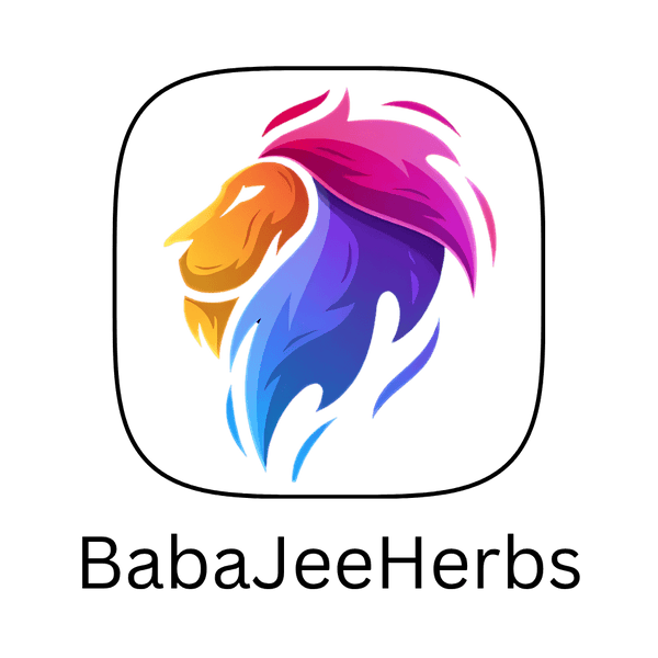 Colorful logo of a rooster with 'BabaJeeHerbs' text on a green background
