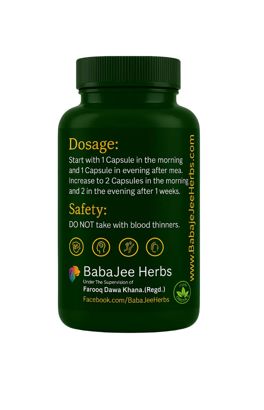 Green supplement bottle with dosage and safety information on a white background
