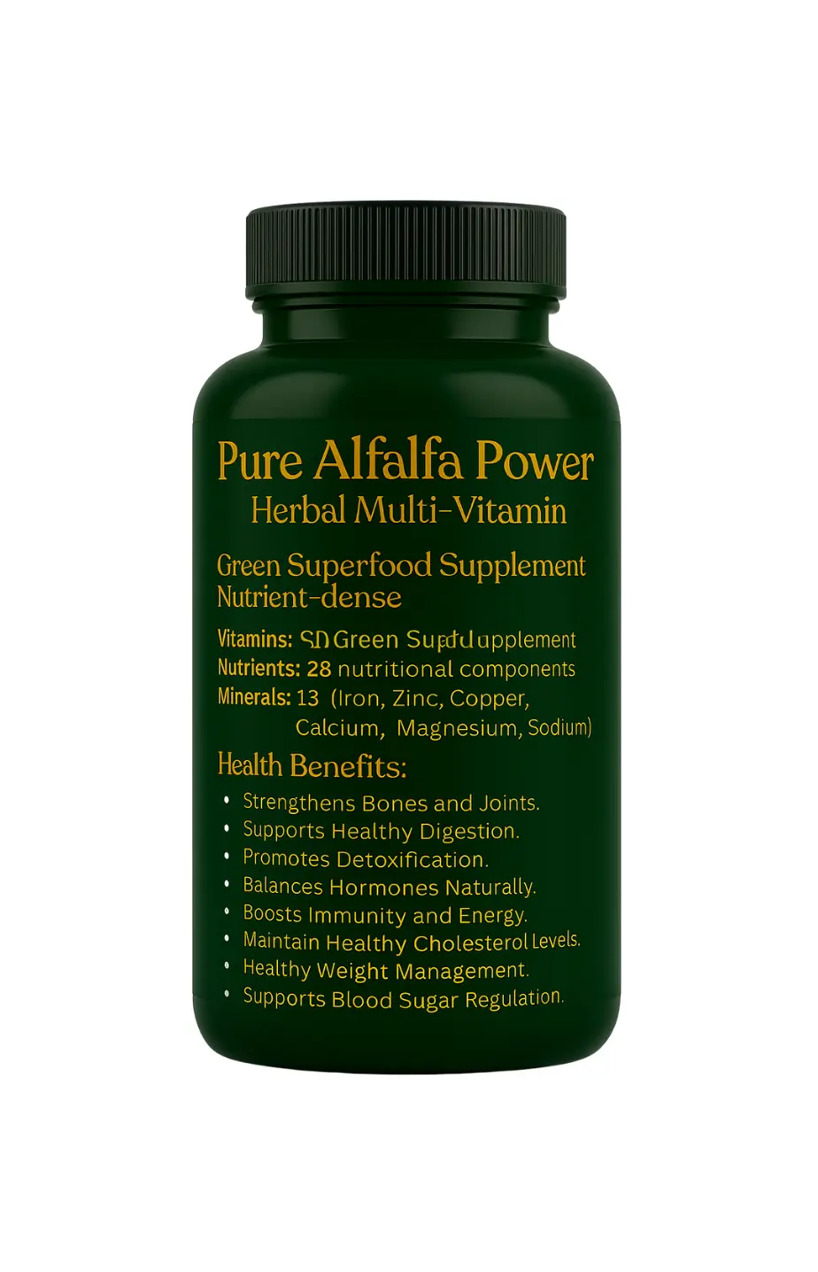 Green supplement bottle labeled 'Pure Alfalfa Power Herbal Multi-Vitamin' on a white background