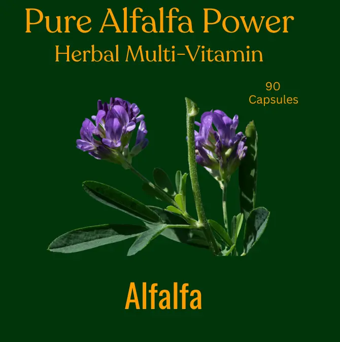 Herbal multi-vitamin supplement packaging with alfalfa plant on a dark green background