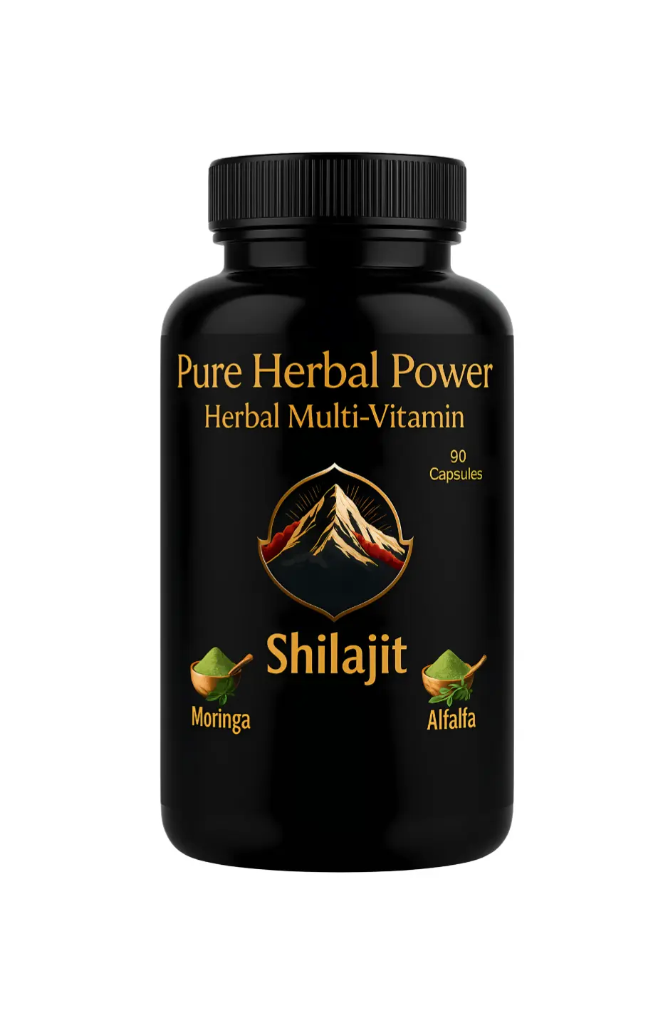 Black bottle of Pure Herbal Power Shilajit Herbal Multi-Vitamin on a white background