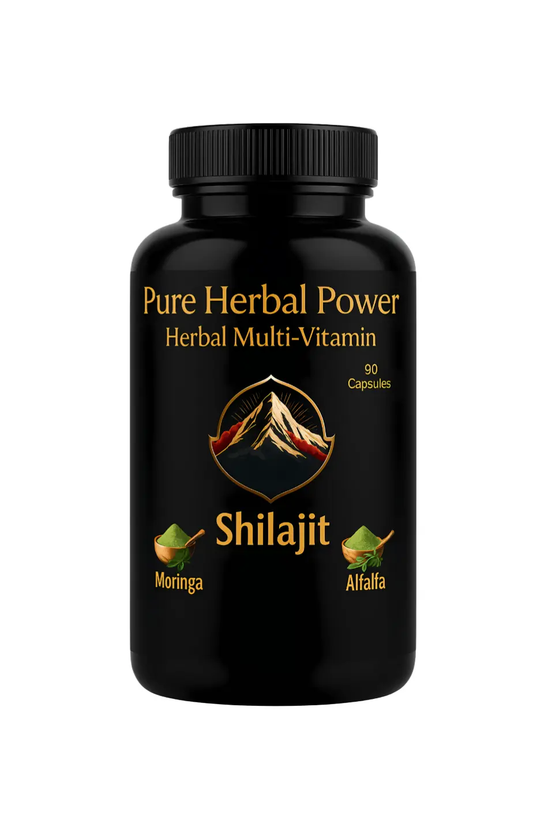 Black bottle of Pure Herbal Power Shilajit Herbal Multi-Vitamin on a white background