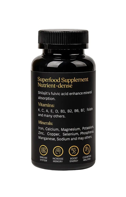 Black supplement bottle with gold text on a white background