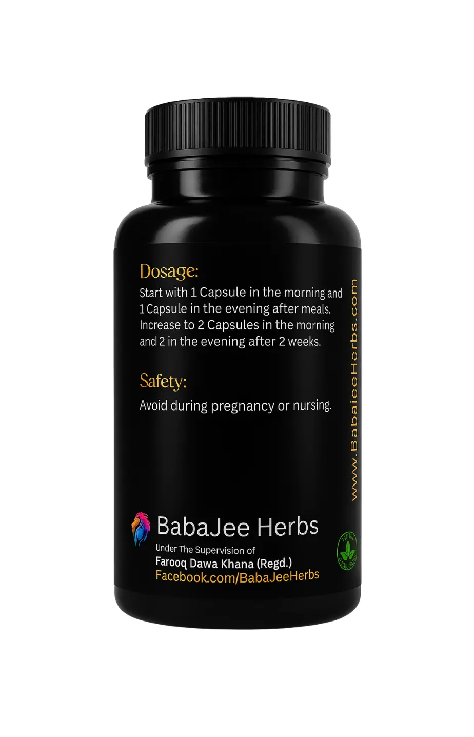 Black bottle of BabaJee Herbs with dosage and safety information on a white background
