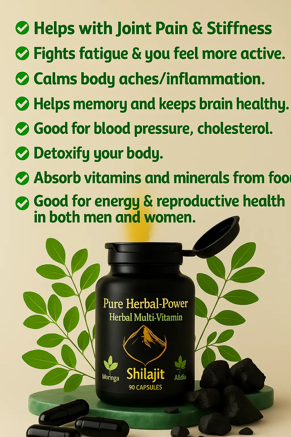 Black bottle of Pure Herbal Power Shilajit with green text listing benefits on a beige background