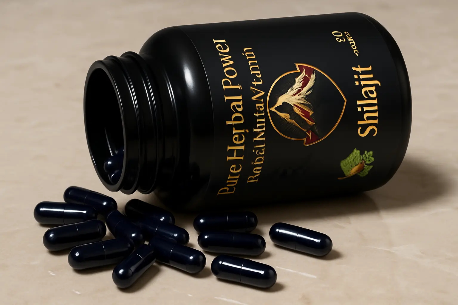 Black bottle of Shilajit with capsules on a beige surface