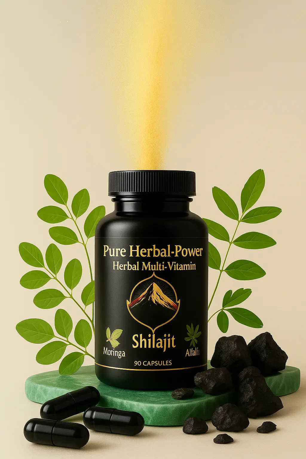 Black bottle of Pure Herbal Power Shilajit with green leaves and black stones on a beige background