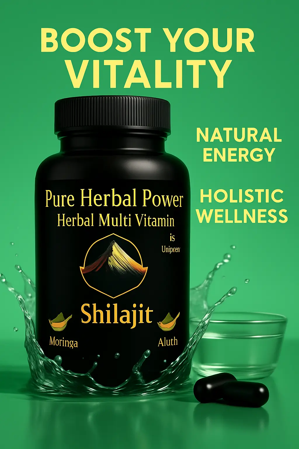 Black bottle of Pure Herbal Power Shilajit with green background and text about boosting vitality and holistic wellness.