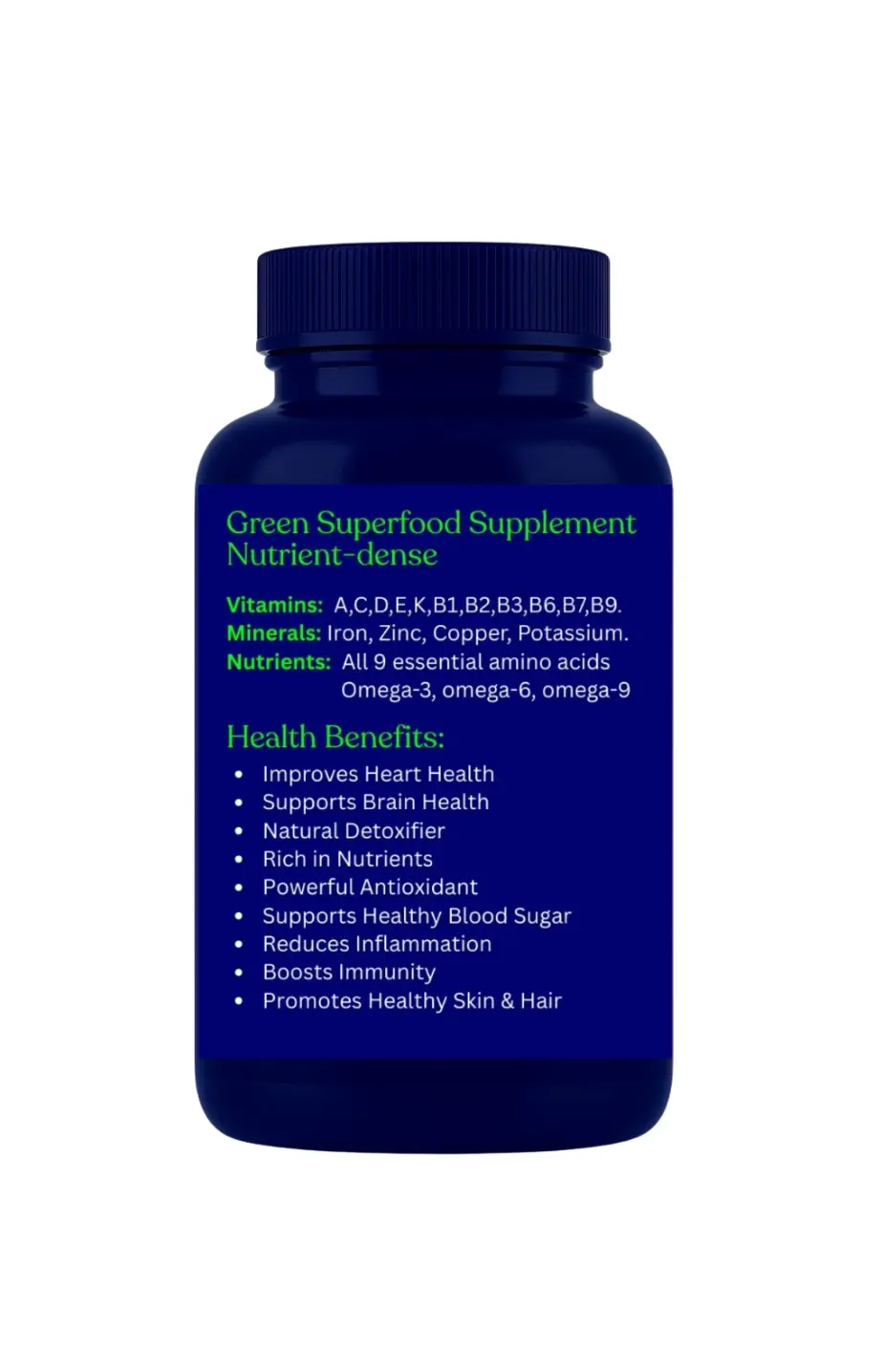 Blue supplement bottle with text on a white background