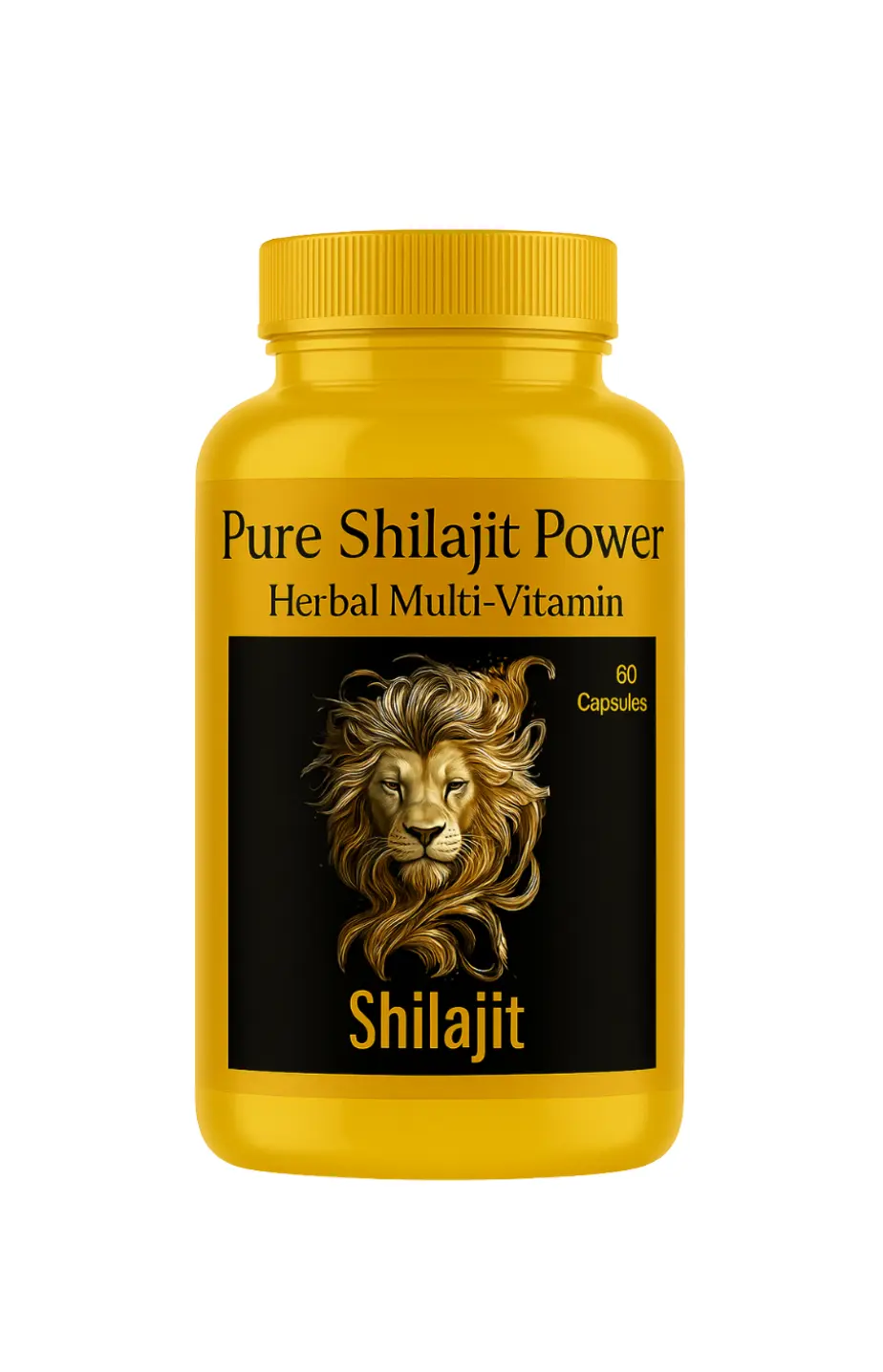 Yellow bottle of Pure Shilajit Power Herbal Multi-Vitamin with a lion emblem on a white background