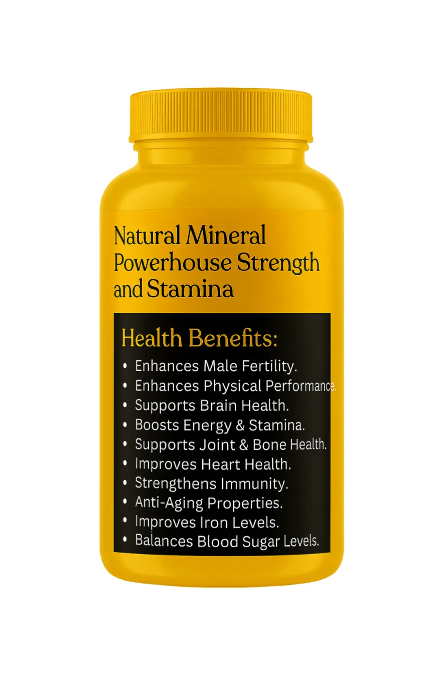 Yellow supplement bottle with black label on a white background