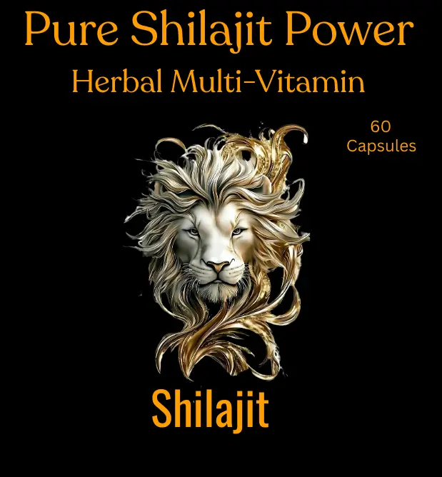 Product packaging for 'Pure Shilajit Power Herbal Multi-Vitamin' with a lion's head design on a black background.