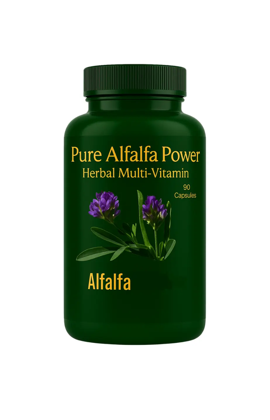Green bottle of Pure Alfalfa Power Herbal Multi-Vitamin on a white background