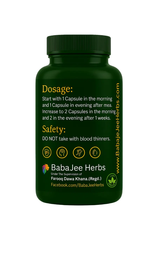 Green supplement bottle with dosage and safety information on a white background