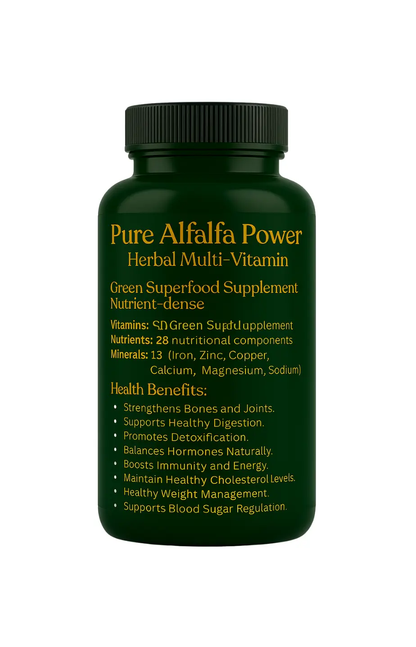 Green supplement bottle labeled 'Pure Alfalfa Power Herbal Multi-Vitamin' on a white background