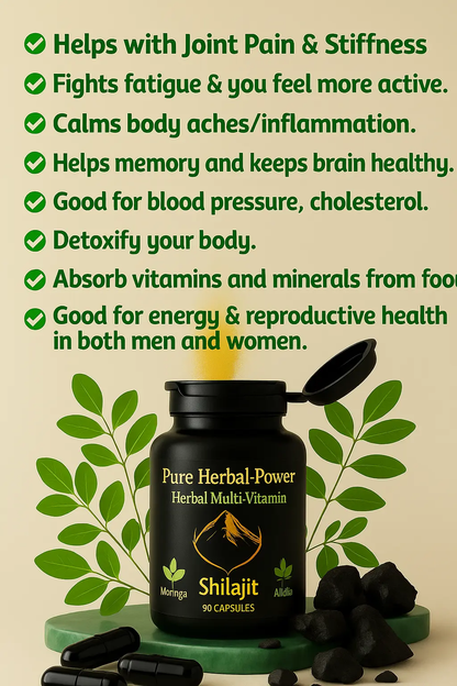 Black bottle of Pure Herbal Power Shilajit with green text listing benefits on a beige background