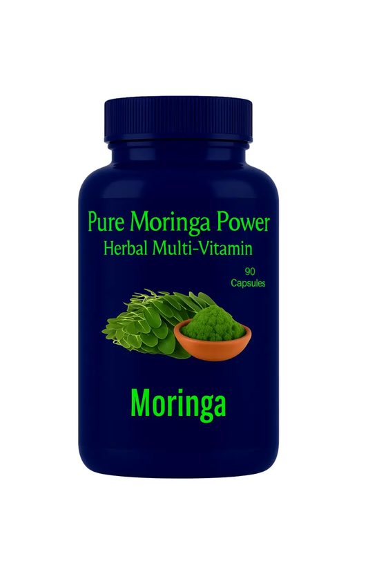 Blue bottle of Pure Moringa Power Herbal Multi-Vitamin with green text and Moringa leaves on a white background