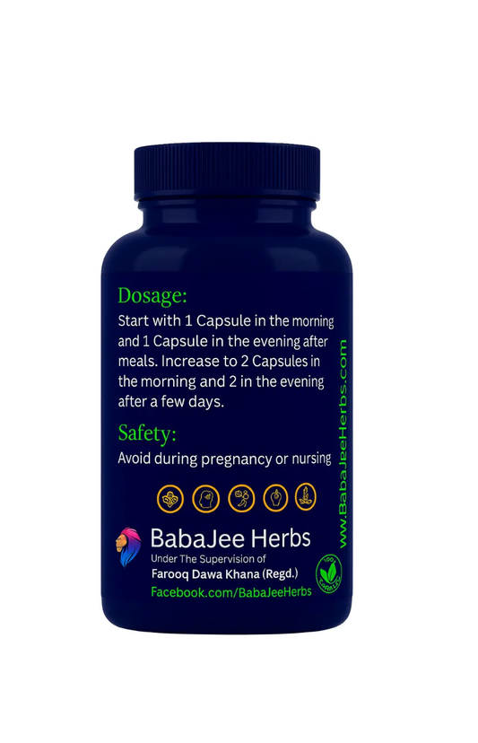 Bottle of BabaJee Herbs capsules with dosage and safety information on a white background