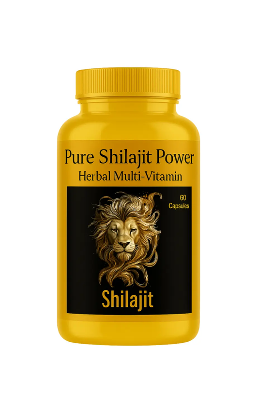 Yellow bottle of Pure Shilajit Power Herbal Multi-Vitamin with a lion emblem on a white background