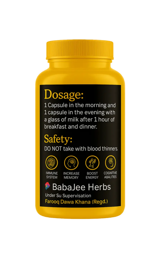 Yellow supplement bottle with black label on a white background